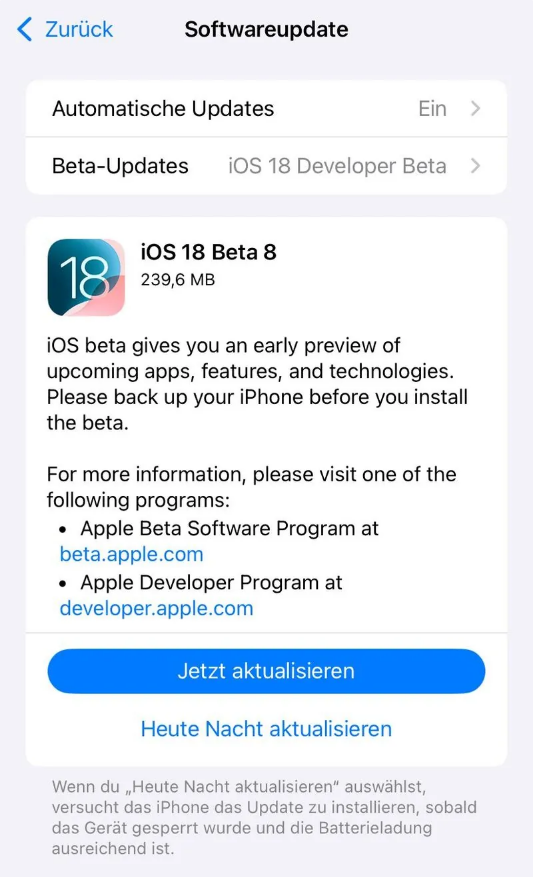 和龙苹果手机维修分享苹果 iOS / iPadOS 18 开发者预览版 Beta 8 发布 